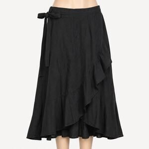 Lucky Brand Black Wrap Midi Skirt Women's Large L 100% Cotton Ruffle Hem